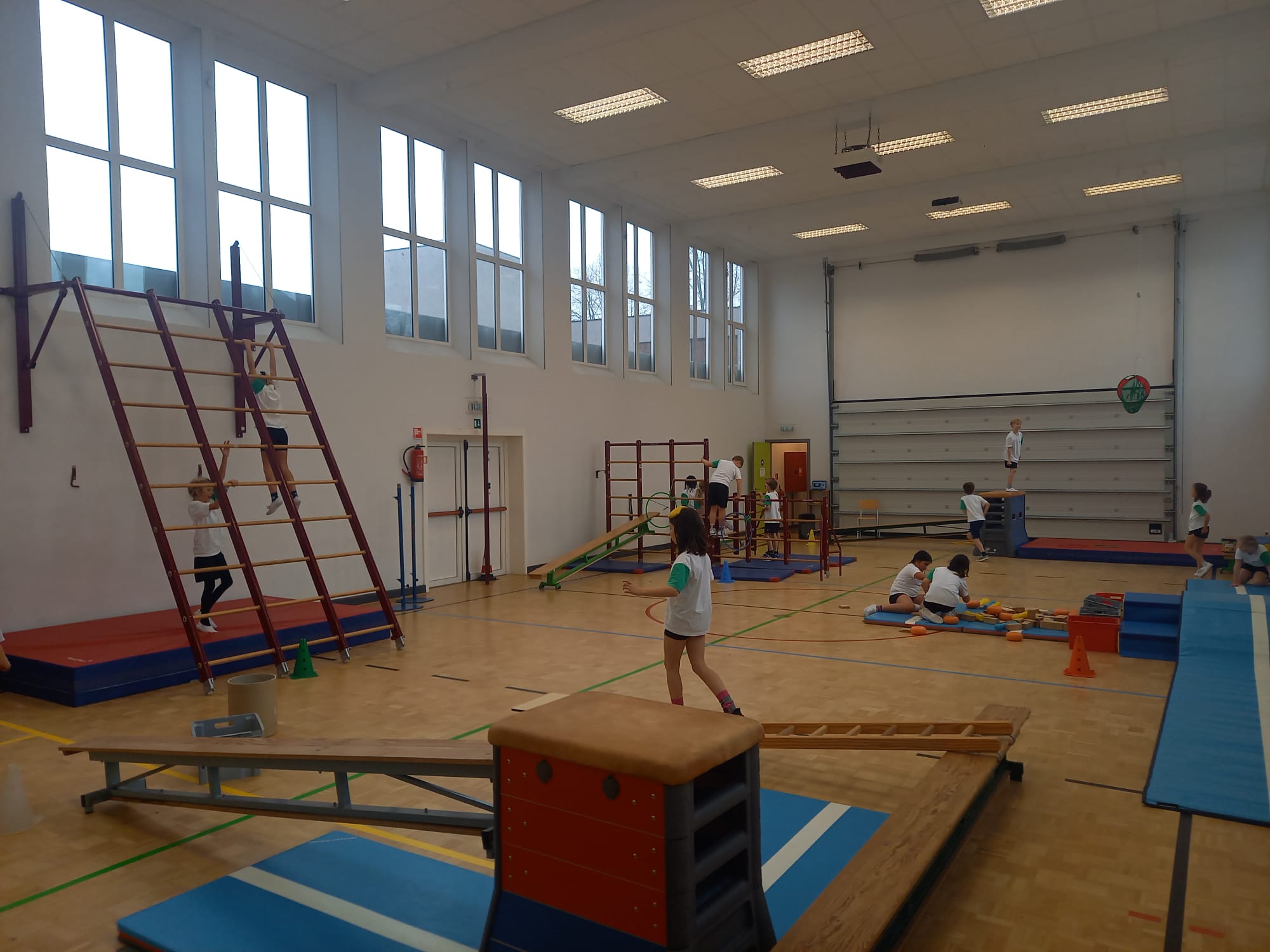 turnzaal met kinderen die allerlei pietenacties doen